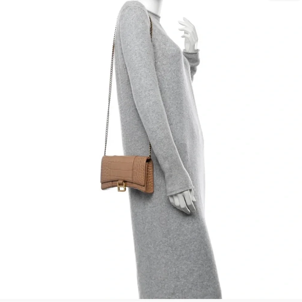 Balenciaga Beige Croc-Embossed Leather Chain Clutch with Gold Hardware